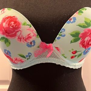 NWOT Gilly Hicks Push ‘Em Up Plunge Padded Bra in Aqua Blue w/Flowers Sz 34D